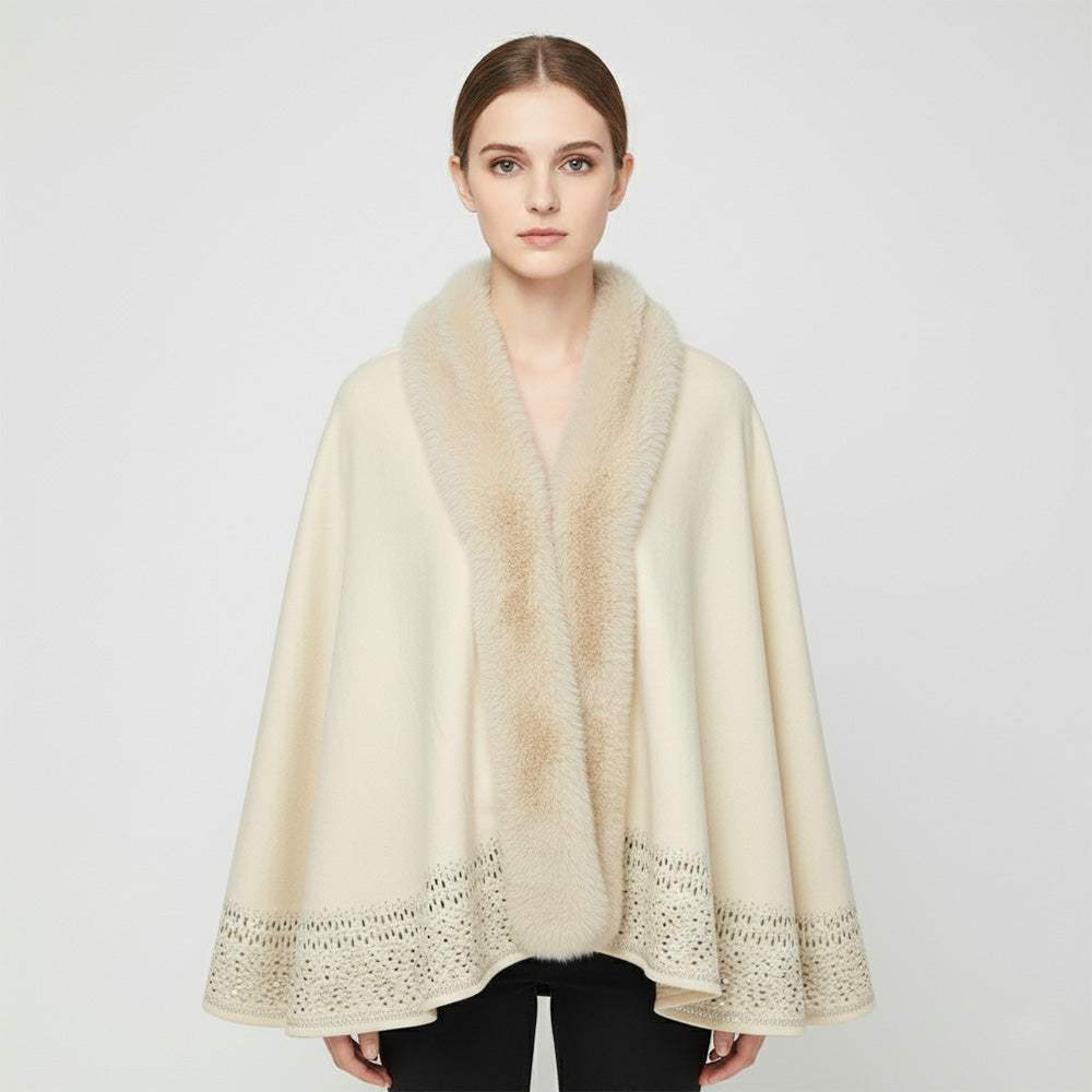 Faux Fur Trim Rhinestone Embellished Hem Poncho Shawl - Madeline Love - Flyclothing LLC