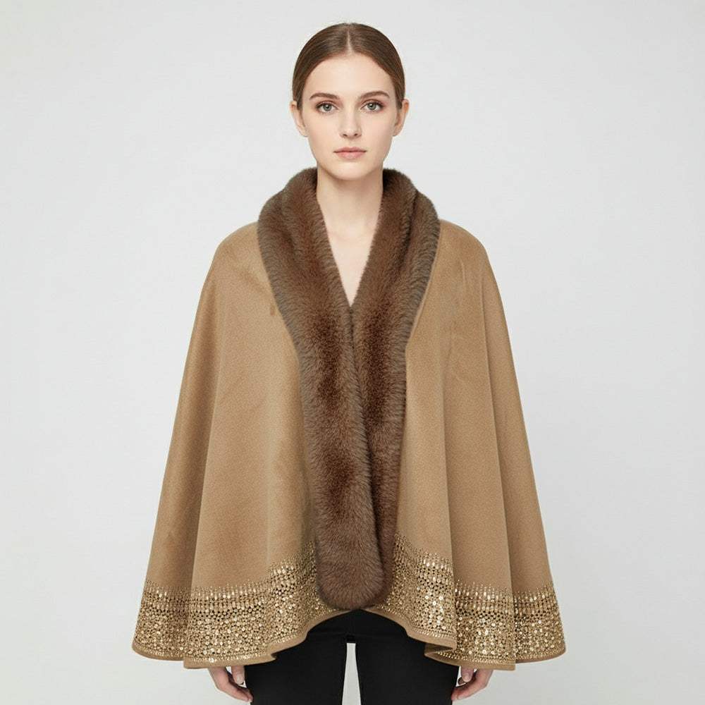 Faux Fur Trim Rhinestone Embellished Hem Poncho Shawl - Madeline Love - Flyclothing LLC