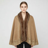 Faux Fur Trim Rhinestone Embellished Hem Poncho Shawl - Madeline Love - Flyclothing LLC