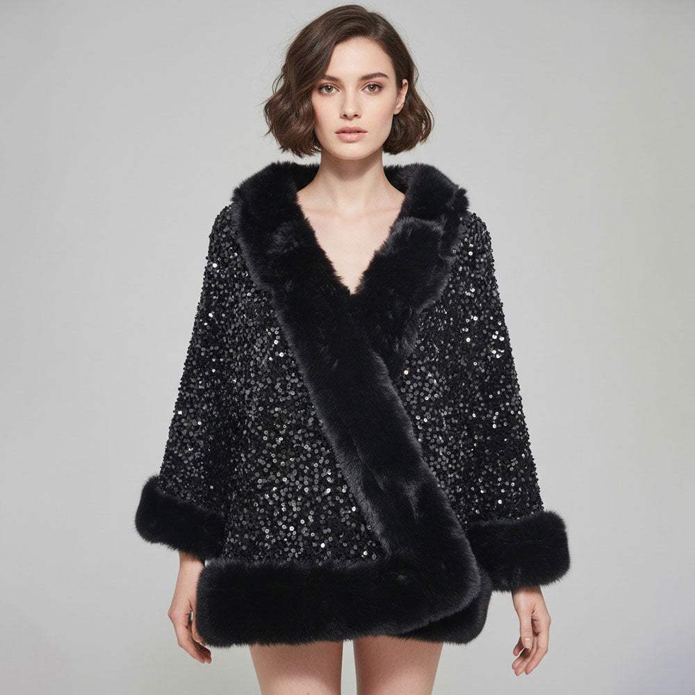 Festive Sequin Faux Fur Trim Shawl Poncho - Madeline Love - Flyclothing LLC