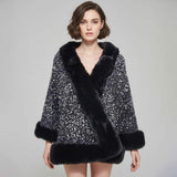 Festive Sequin Faux Fur Trim Shawl Poncho - Madeline Love - Flyclothing LLC