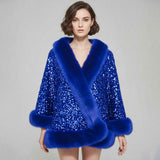 Festive Sequin Faux Fur Trim Shawl Poncho - Madeline Love - Flyclothing LLC
