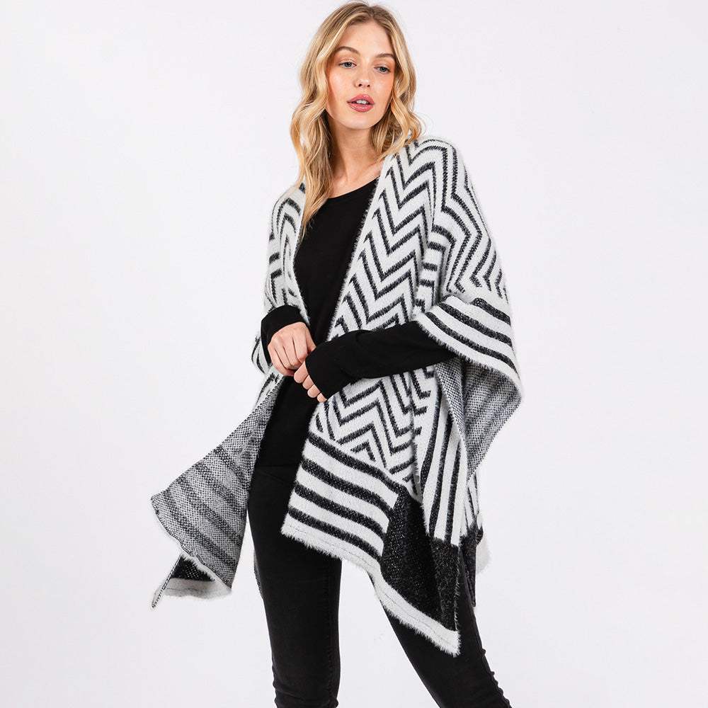 Fuzzy Chevron Pattern Ruana Poncho - Madeline Love - Flyclothing LLC