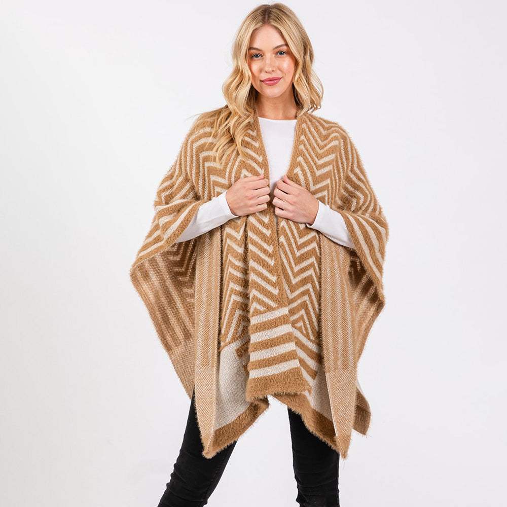 Fuzzy Chevron Pattern Ruana Poncho - Madeline Love - Flyclothing LLC