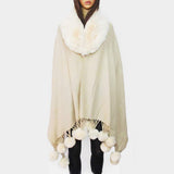 Faux Fur Collar and Pom Pom Dangle Poncho - Madeline Love - Flyclothing LLC
