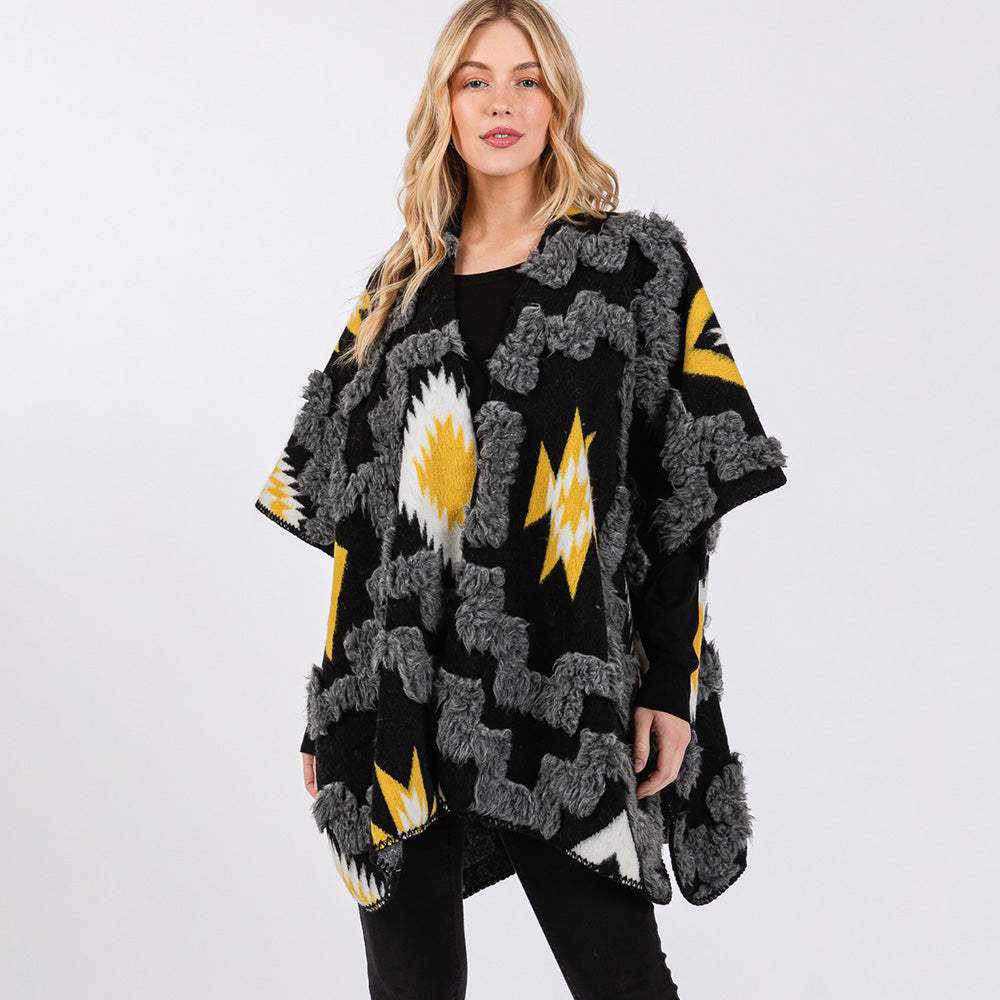 Fuzzy Aztec Pattern Kimono Poncho - Madeline Love - Flyclothing LLC