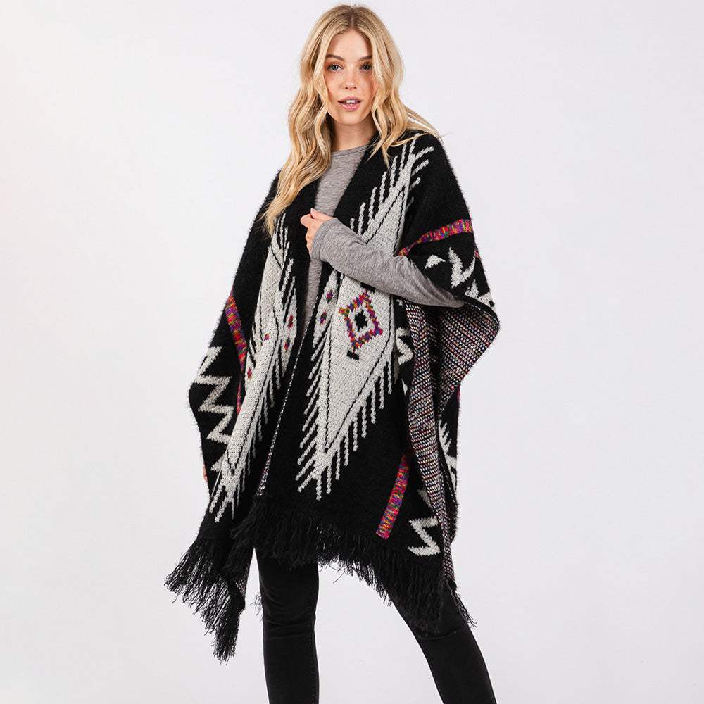 Fuzzy Aztec Pattern Tassel Knit Ruana Poncho - Madeline Love - Flyclothing LLC