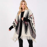 Fuzzy Aztec Pattern Tassel Knit Ruana Poncho - Madeline Love - Flyclothing LLC