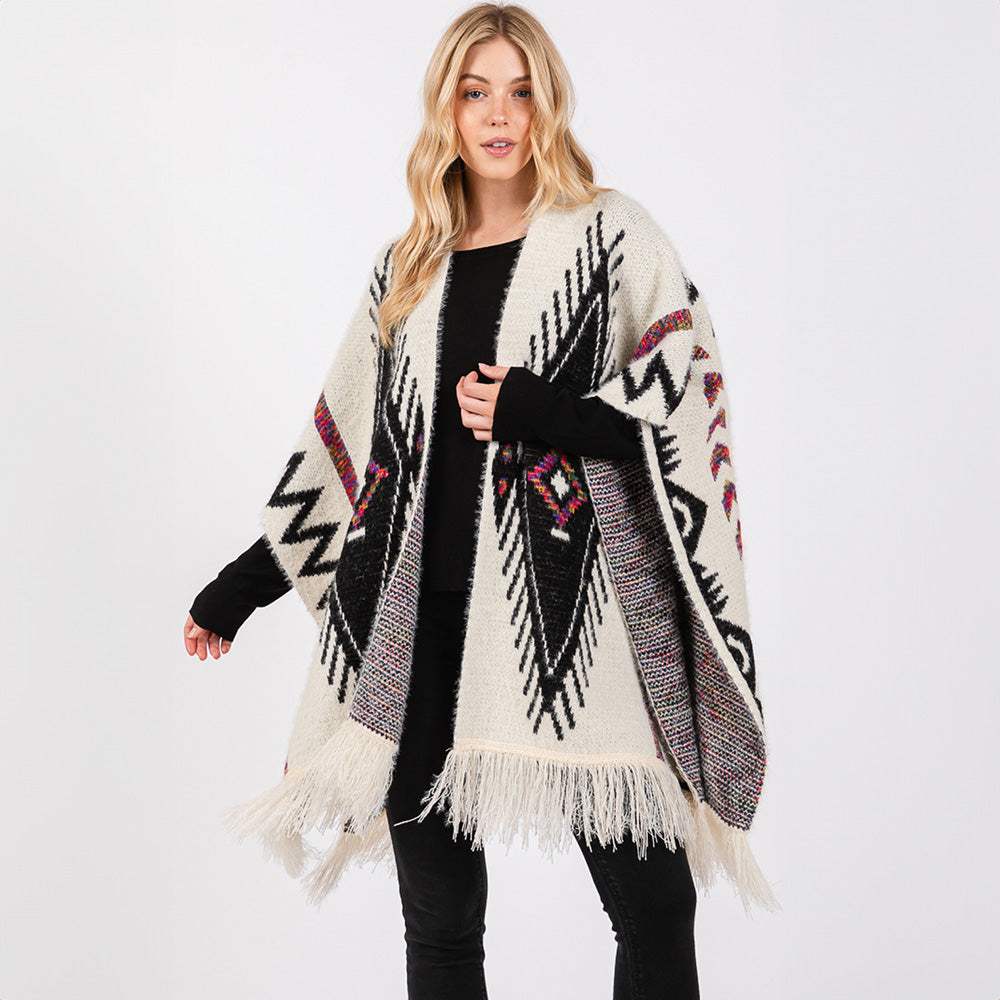 Fuzzy Aztec Pattern Tassel Knit Ruana Poncho - Madeline Love - Flyclothing LLC