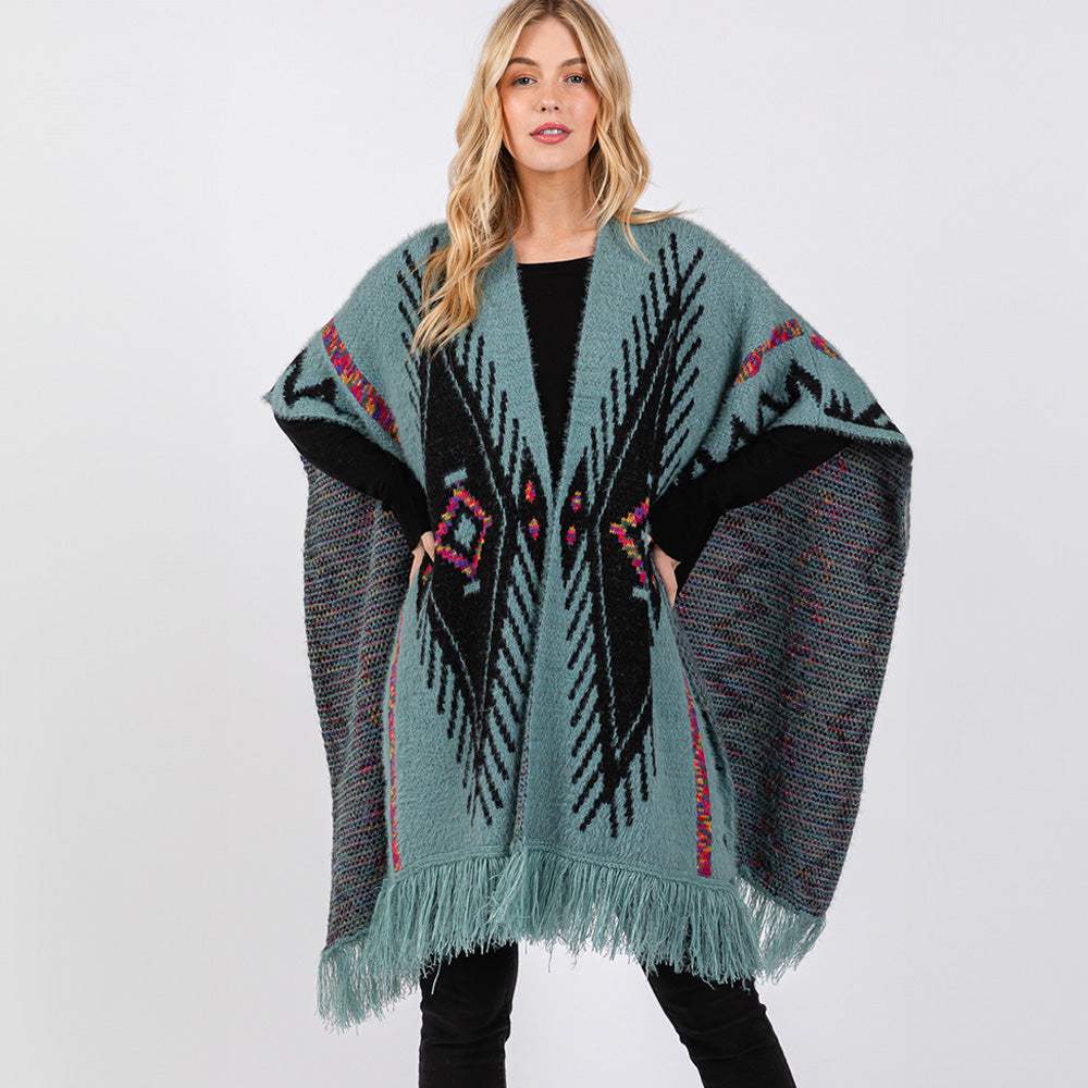 Fuzzy Aztec Pattern Tassel Knit Ruana Poncho - Madeline Love - Flyclothing LLC
