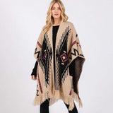 Fuzzy Aztec Pattern Tassel Knit Ruana Poncho - Madeline Love - Flyclothing LLC