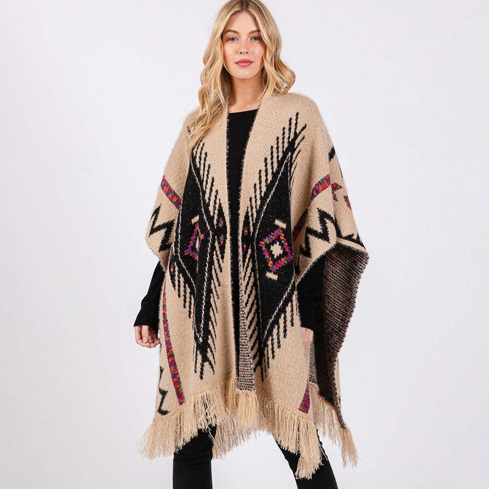 Fuzzy Aztec Pattern Tassel Knit Ruana Poncho - Madeline Love - Flyclothing LLC