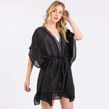 Crochet Trim Front Drawstring Cover Up Poncho - Madeline Love - Flyclothing LLC