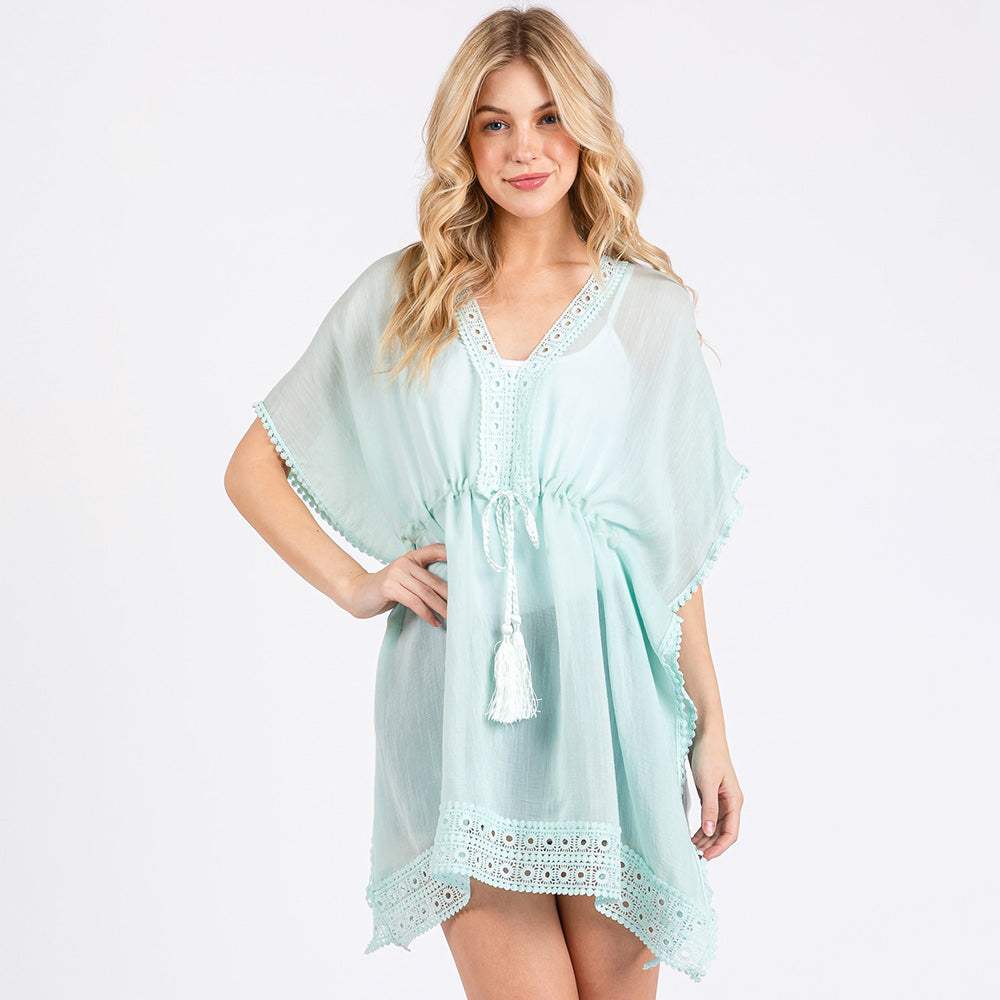 Crochet Trim Front Drawstring Cover Up Poncho - Madeline Love - Flyclothing LLC