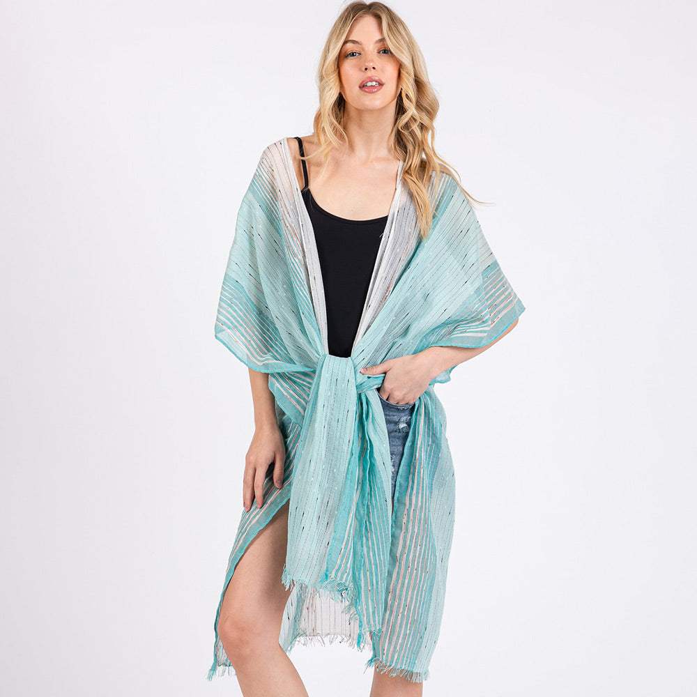 Striped Two Tone Cover Up Kimono Poncho - Madeline Love - Flyclothing LLC
