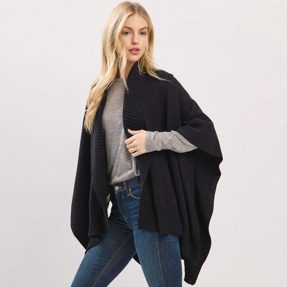 Ribbed Trim Open Front Soft Knit Shawl Cape Poncho - Madeline Love - Flyclothing LLC