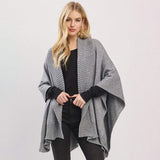Ribbed Trim Open Front Soft Knit Shawl Cape Poncho - Madeline Love - Flyclothing LLC