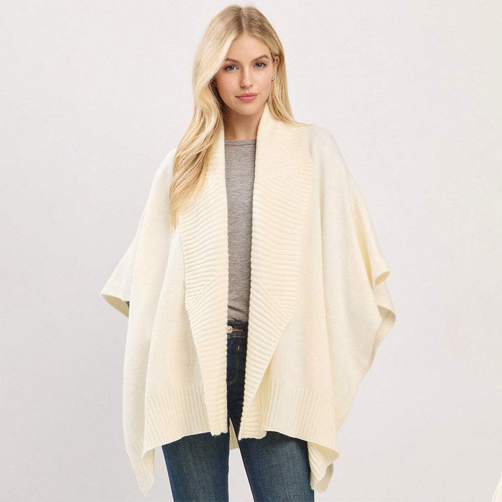 Ribbed Trim Open Front Soft Knit Shawl Cape Poncho - Madeline Love - Flyclothing LLC