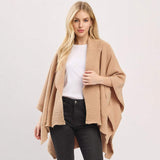 Ribbed Trim Open Front Soft Knit Shawl Cape Poncho - Madeline Love - Flyclothing LLC