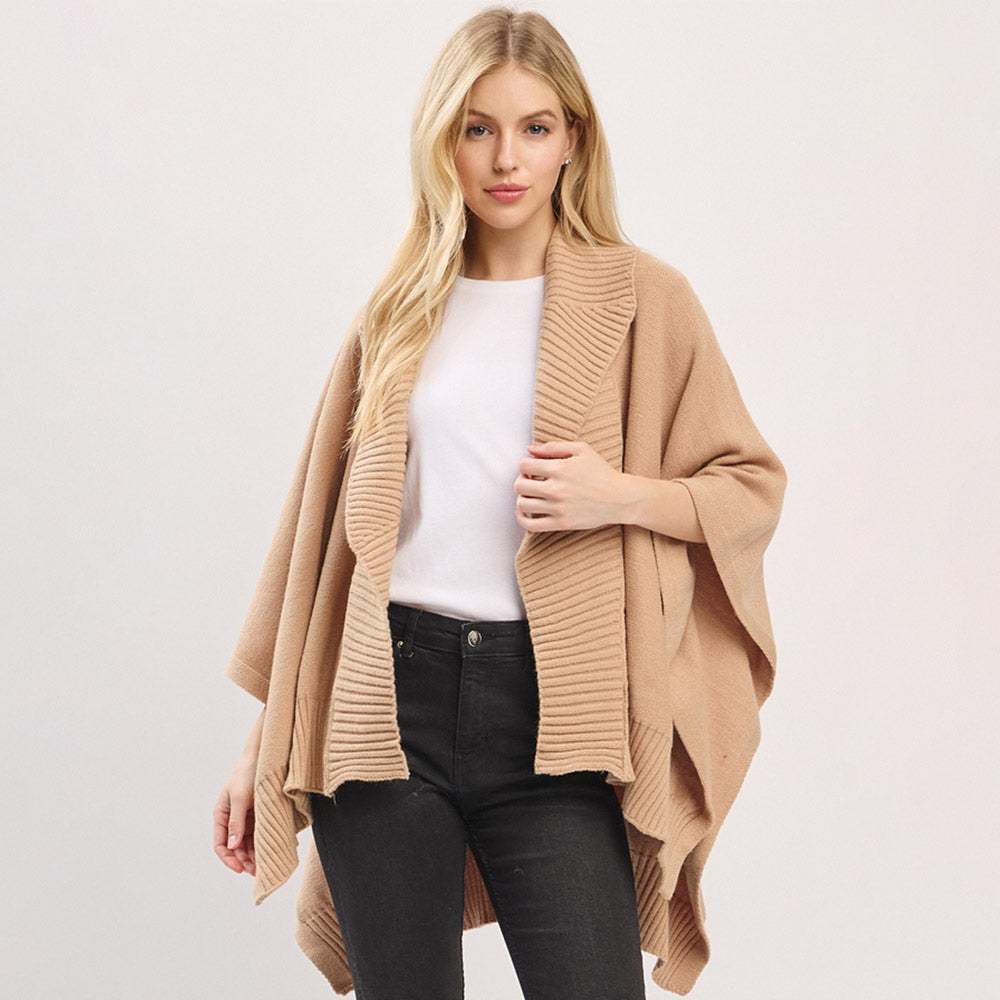 Ribbed Trim Open Front Soft Knit Shawl Cape Poncho - Madeline Love - Flyclothing LLC
