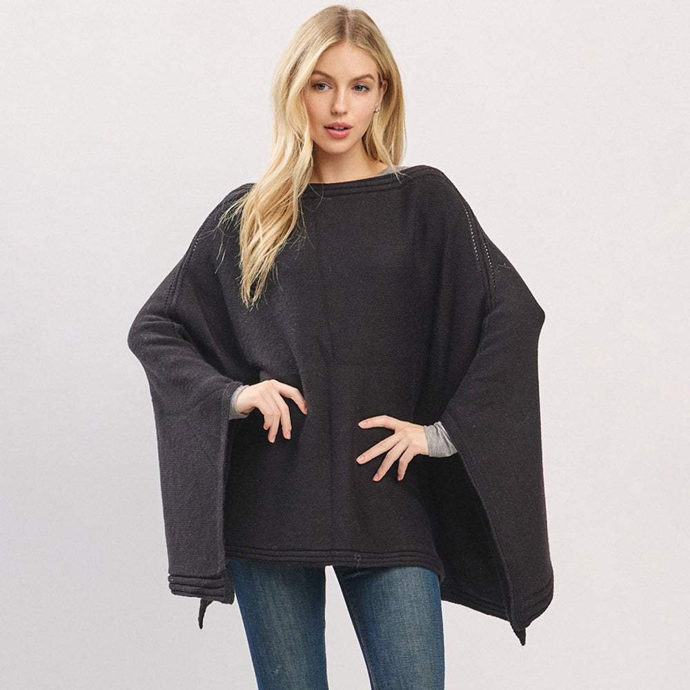 Clean Edge Wide Sleeves Solid Knit Poncho - Madeline Love - Flyclothing LLC