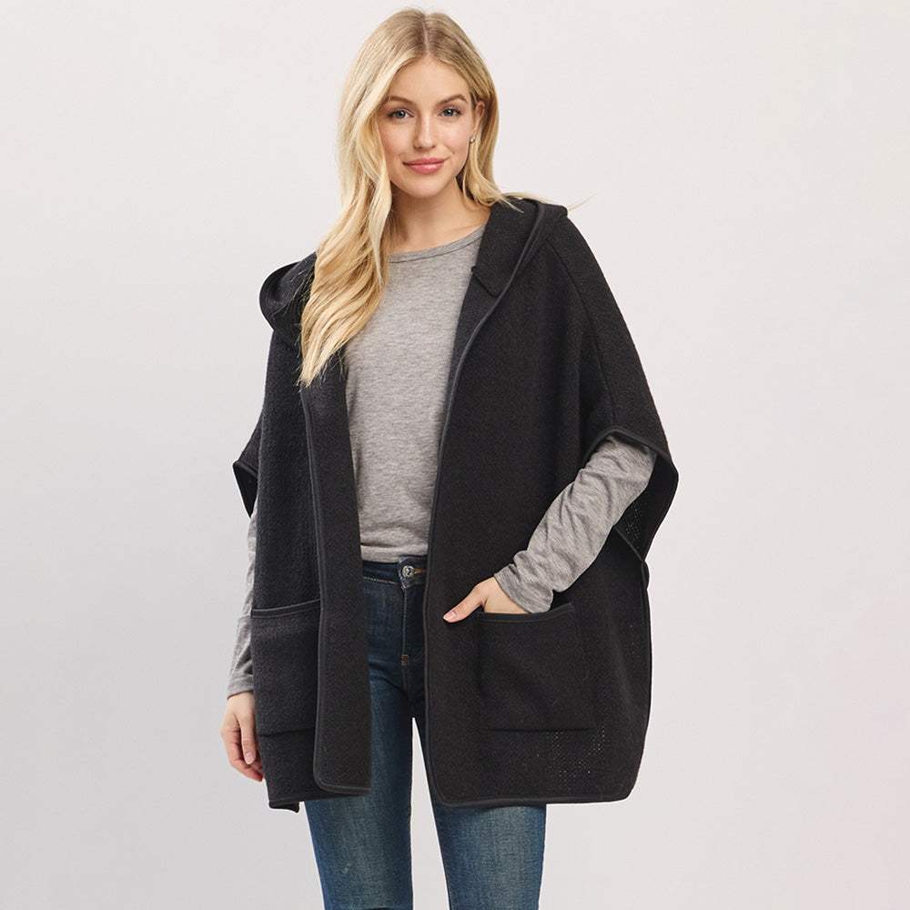 Solid Hooded Poncho Wrap with Pockets - Madeline Love - Flyclothing LLC