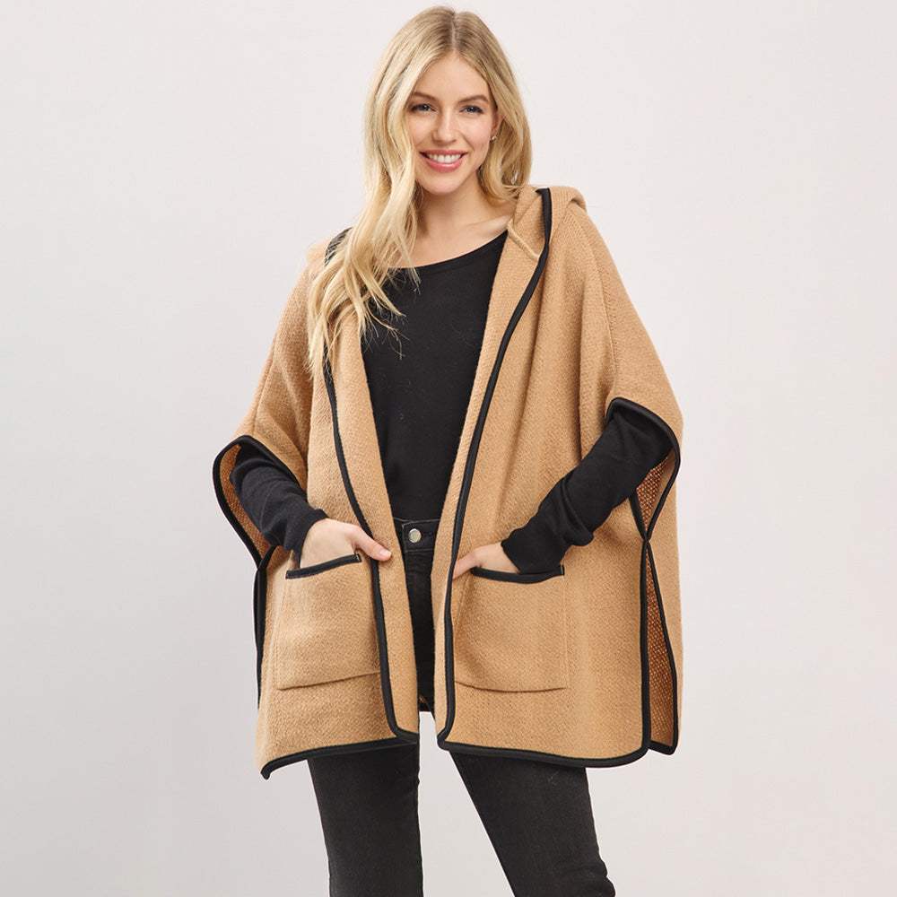 Solid Hooded Poncho Wrap with Pockets - Madeline Love - Flyclothing LLC