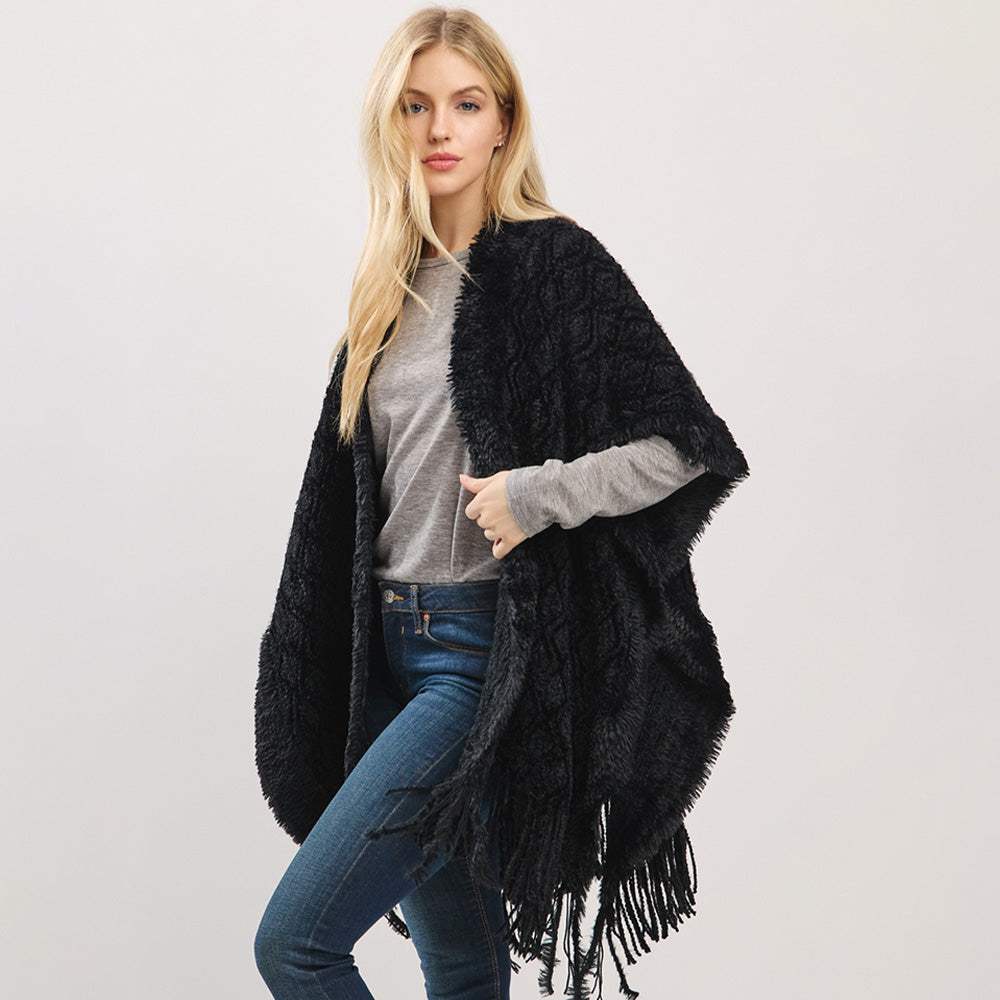 Fringe Trim Textured Poncho Wrap - Madeline Love - Flyclothing LLC