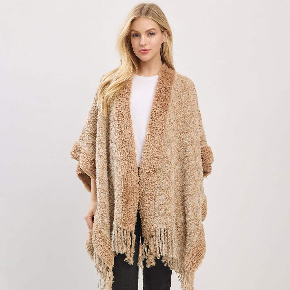 Fringe Trim Textured Poncho Wrap - Madeline Love - Flyclothing LLC
