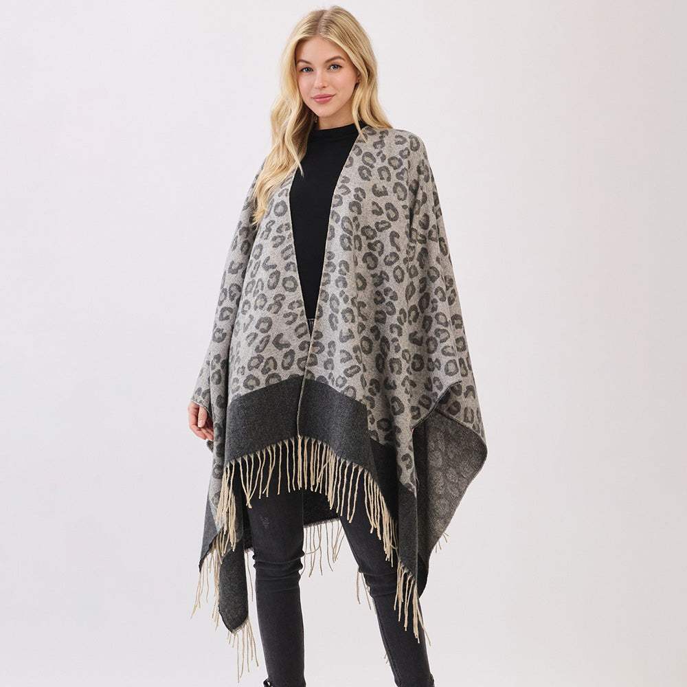 Leopard Pattern Fringe Poncho Wrap - Madeline Love - Flyclothing LLC