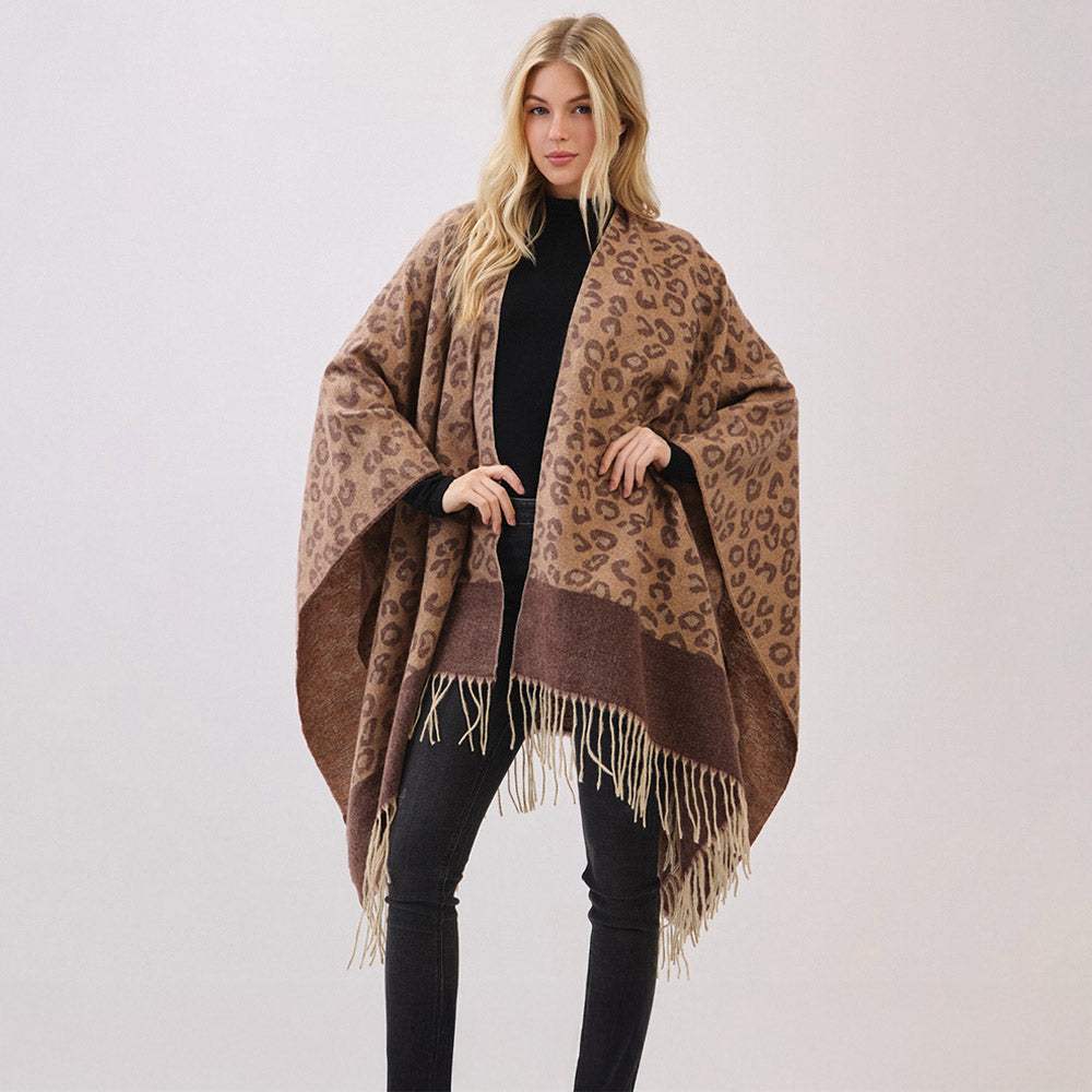 Leopard Pattern Fringe Poncho Wrap - Madeline Love - Flyclothing LLC