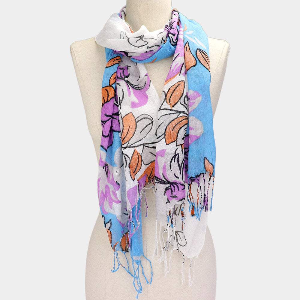 Flower Print Fringe Scarf - Madeline Love - Flyclothing LLC
