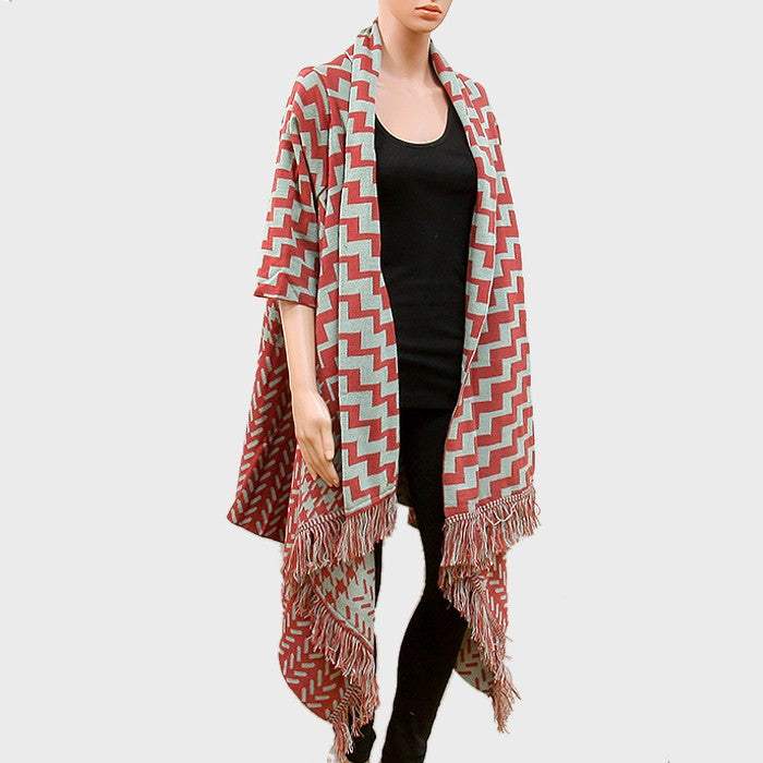 Draped Chevron Pattern Half Sleeve Knit Cardigan with Fringe - Madeline Love - Flyclothing LLC