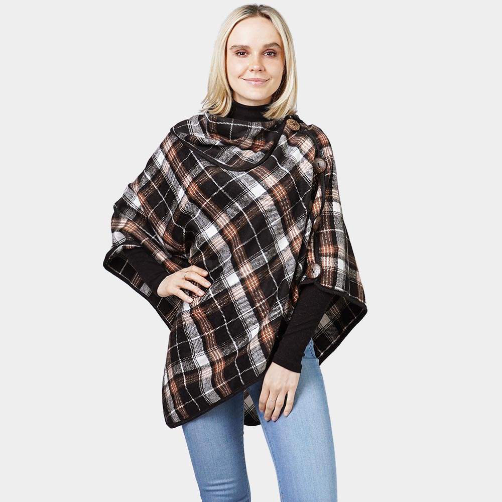 Plaid Check Patterned Coconut Button Poncho - Madeline Love - Flyclothing LLC