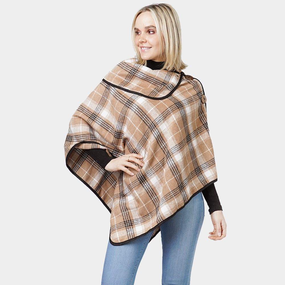 Plaid Check Patterned Coconut Button Poncho - Madeline Love - Flyclothing LLC
