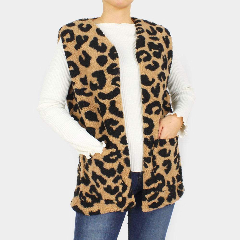 Leopard Patterned Sherpa Pocket Vest - Madeline Love - Flyclothing LLC