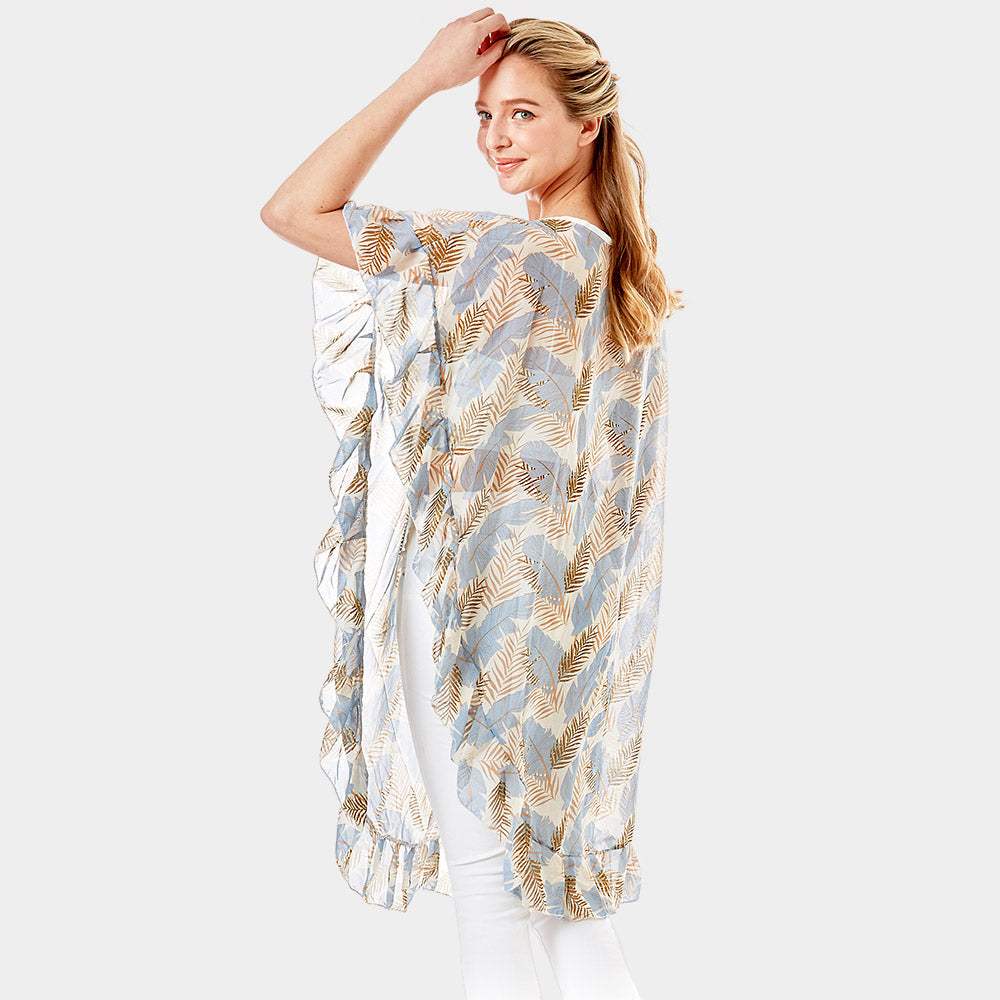 Tropical Leaf and Feather Half Ruffled Cover Up Poncho - Madeline Love - Flyclothing LLC