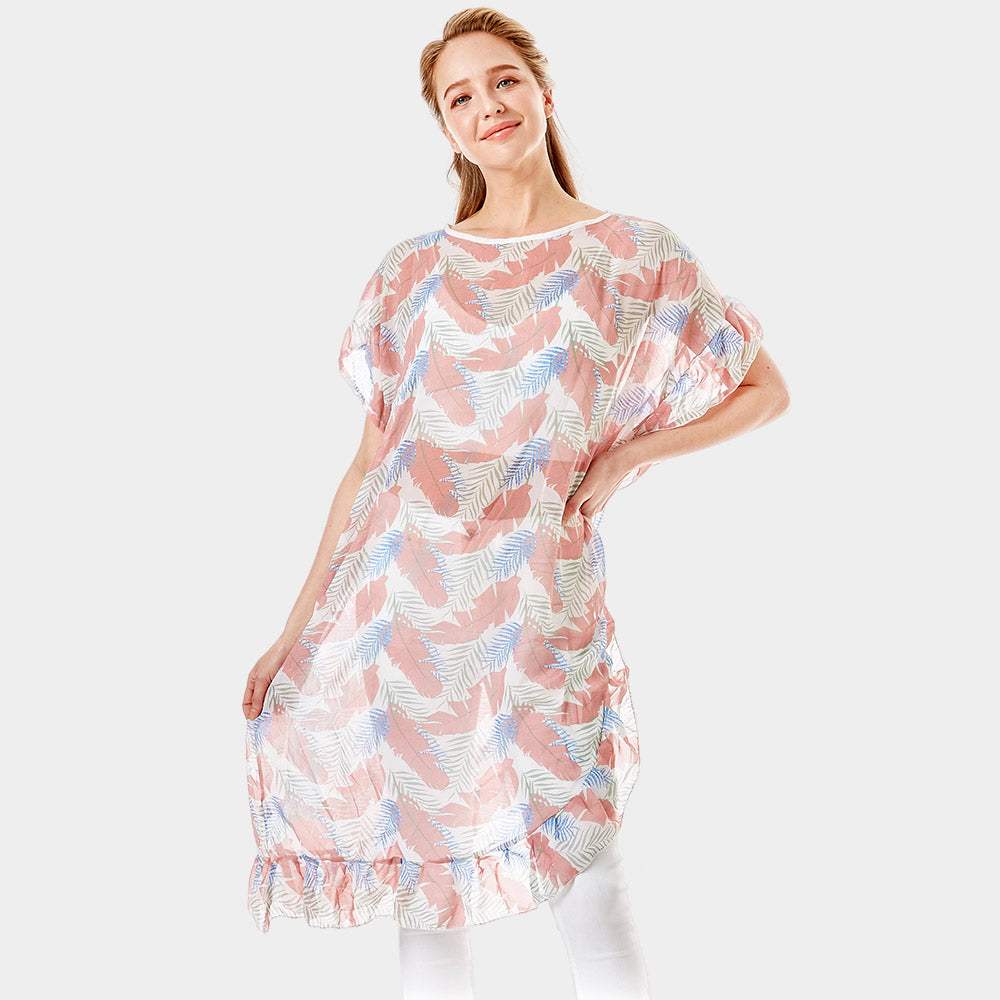 Tropical Leaf and Feather Half Ruffled Cover Up Poncho - Madeline Love - Flyclothing LLC