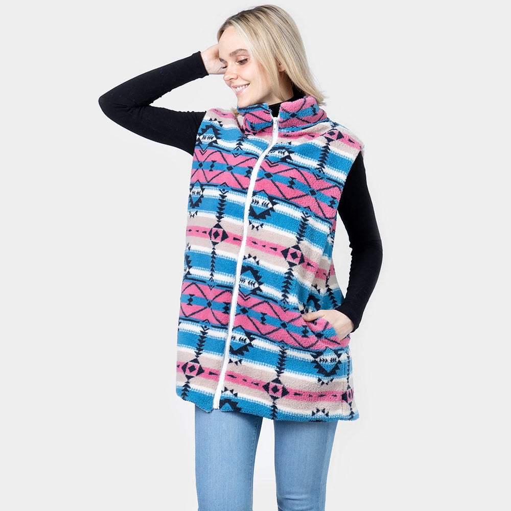 Aztec Patterned Sherpa Fleece Pocket Vest - Madeline Love - Flyclothing LLC