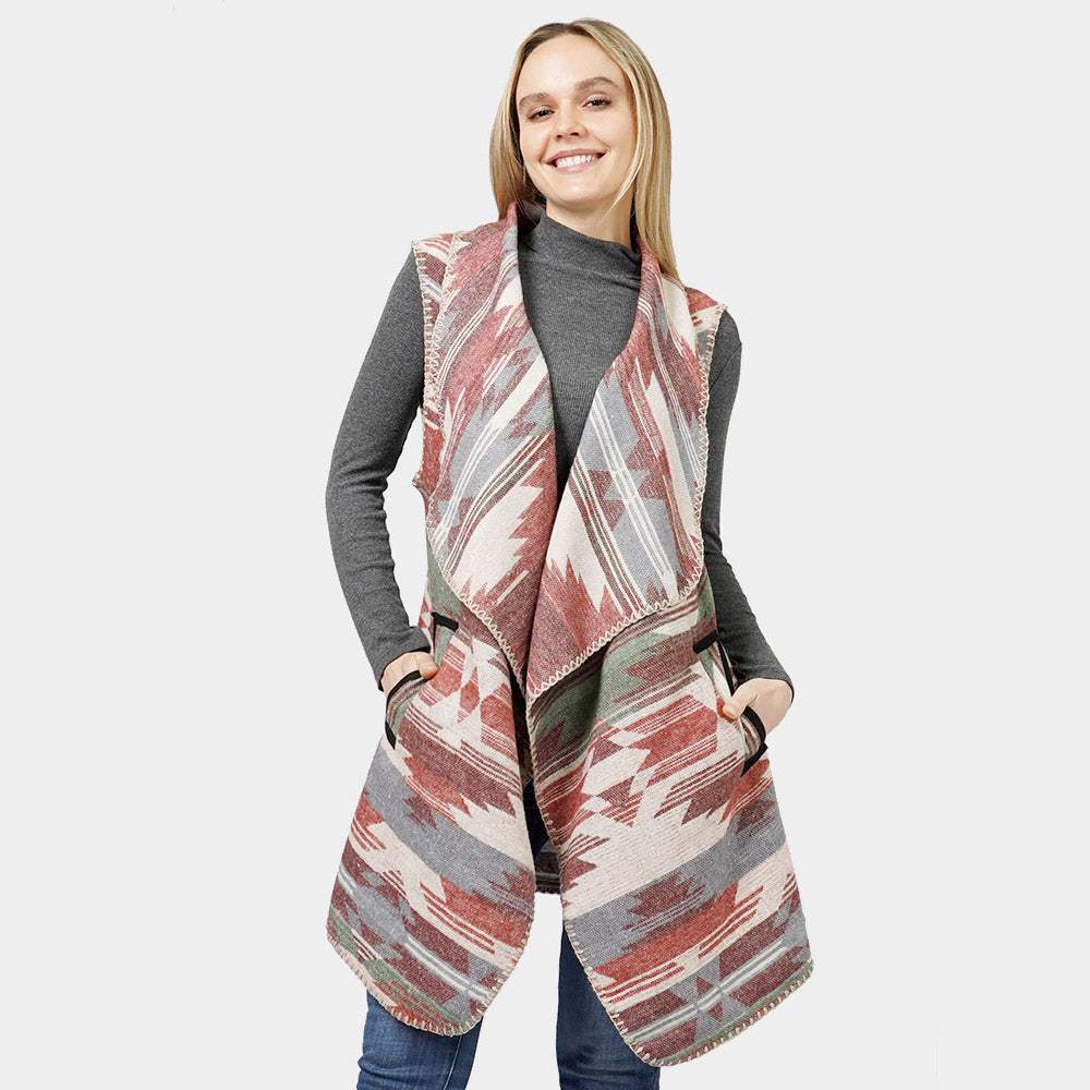 Aztec Patterned Front Pocket Collar Vest - Madeline Love - Flyclothing LLC