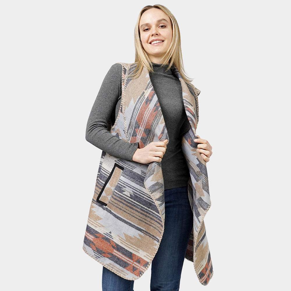Aztec Patterned Front Pocket Collar Vest - Madeline Love - Flyclothing LLC