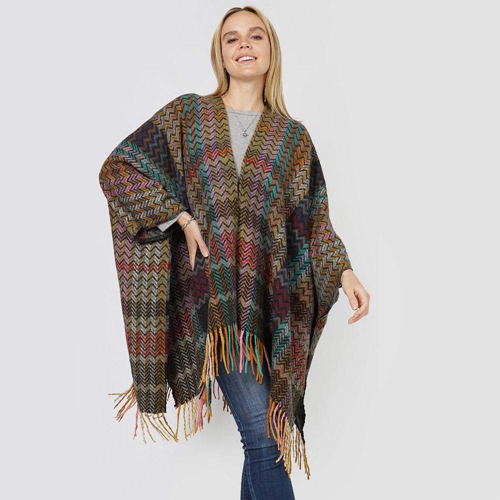 Zigzag Chevron Patterned Tassel Poncho - Madeline Love - Flyclothing LLC