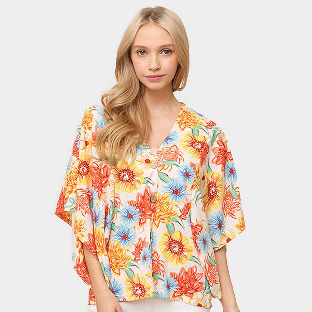 Floral Print Button Down Kimono Poncho - Madeline Love - Flyclothing LLC