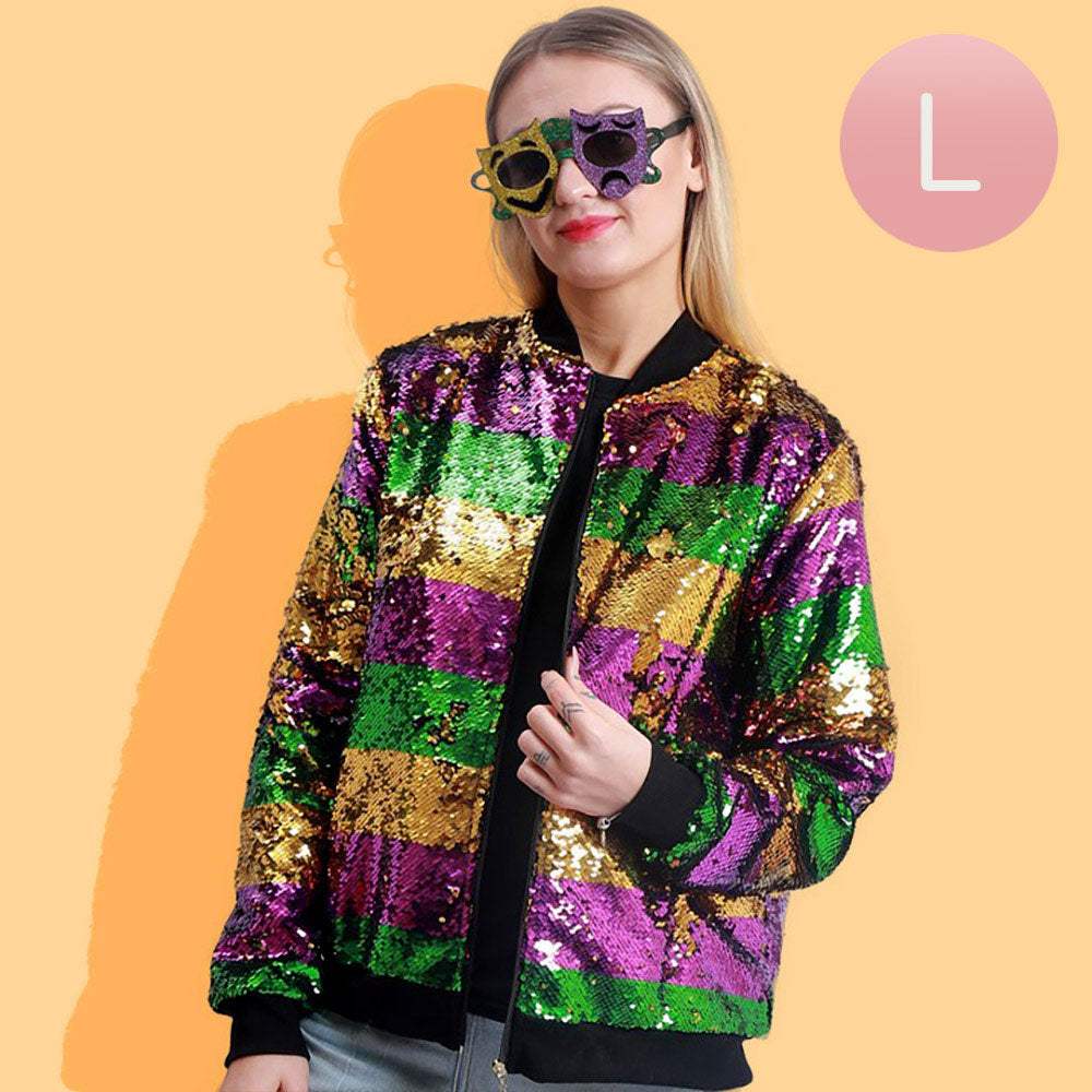 Mardi Gras Sequin Striped Zipper Jacket - Madeline Love - Flyclothing LLC