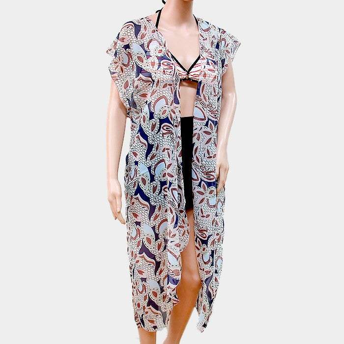 Leaf pattern short sleeve long cardigan - Madeline Love - Flyclothing LLC