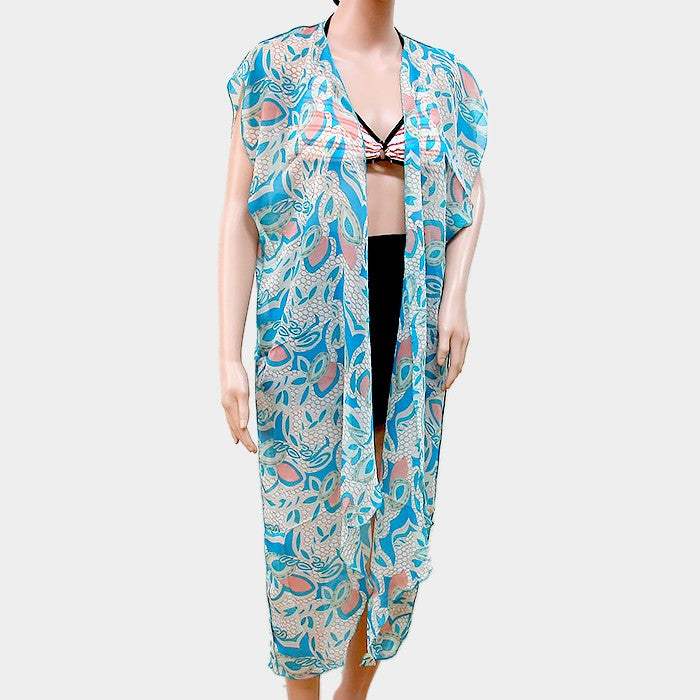 Leaf pattern short sleeve long cardigan - Madeline Love - Flyclothing LLC