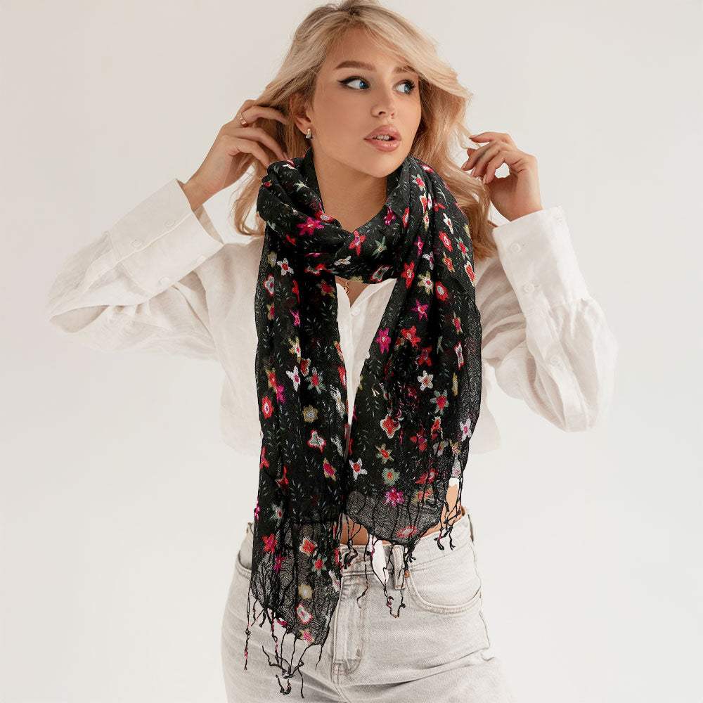 Floral Print Fringe Oblong Scarf - Madeline Love - Flyclothing LLC