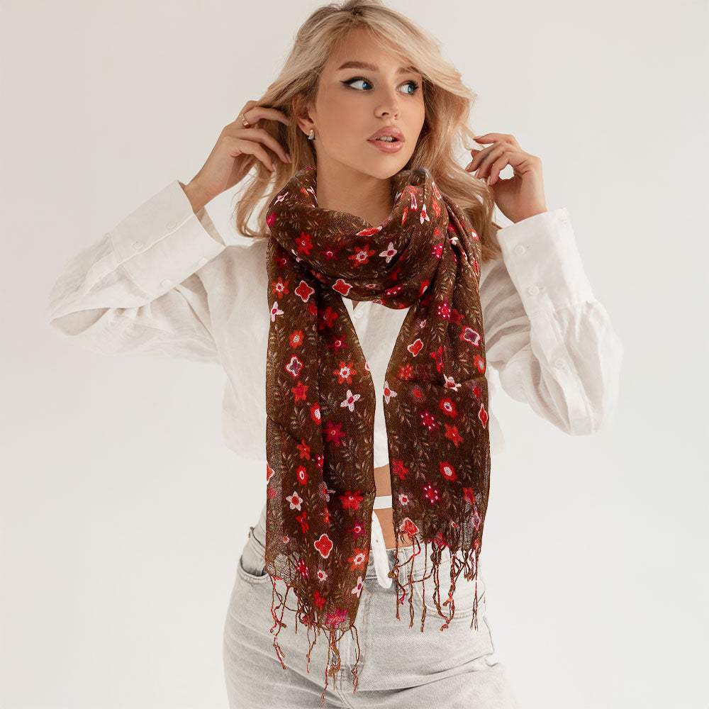 Floral Print Fringe Oblong Scarf - Madeline Love - Flyclothing LLC