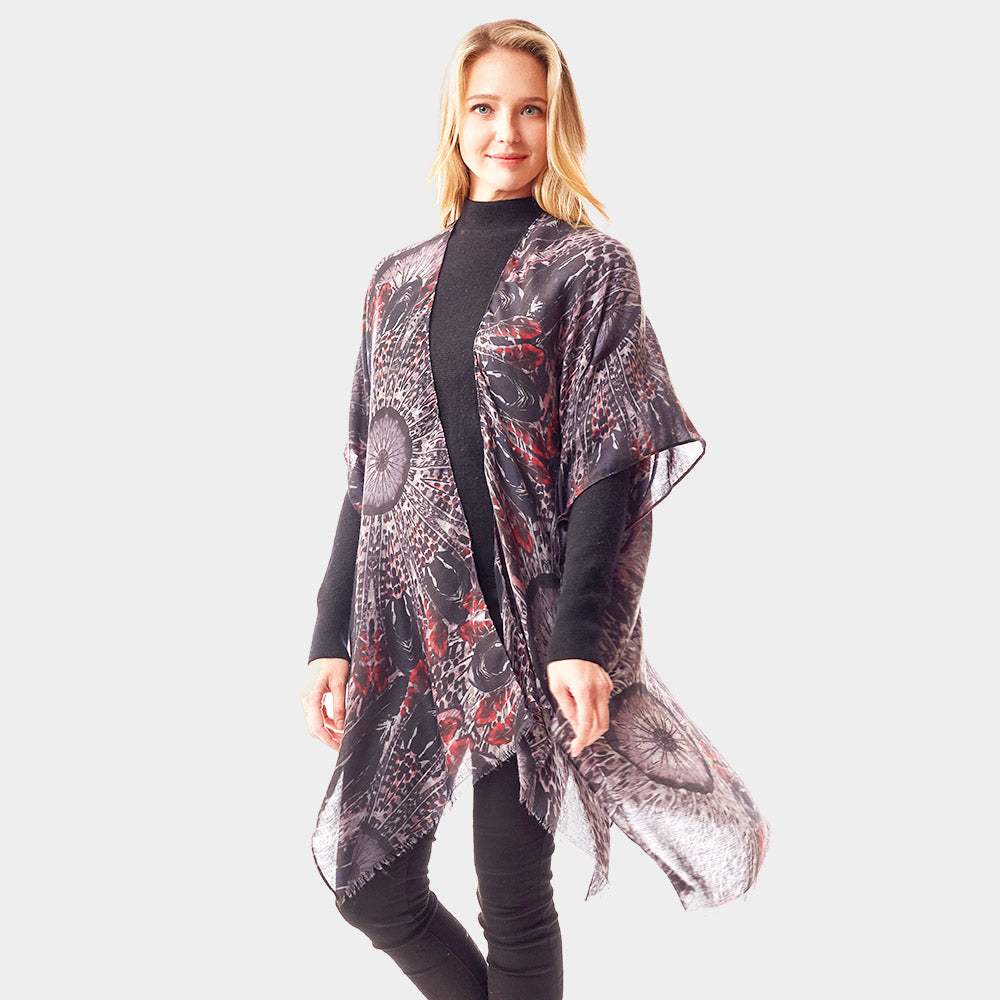 Peacock Feather Printed Ruana Poncho - Madeline Love - Flyclothing LLC