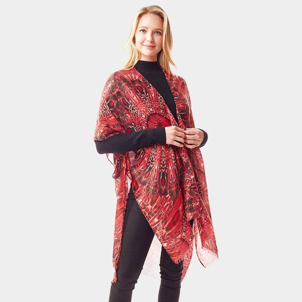 Peacock Feather Printed Ruana Poncho - Madeline Love - Flyclothing LLC